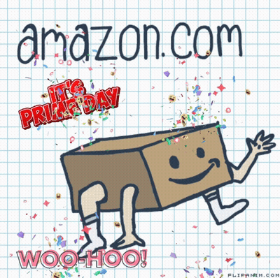 A Drawing Of A Cardboard Box With Arms And Legs Says It 'S Prime Day GIF