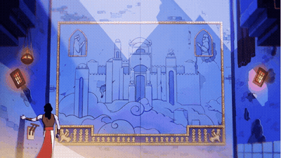 A Drawing Of A Castle With A Woman In A Red Dress In Front Of It GIF