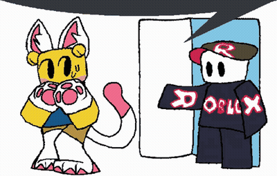 A Drawing Of A Cat And A Roblox Character Standing Next To Each Other GIF