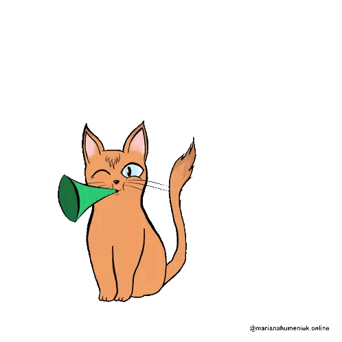 A Drawing Of A Cat Blowing A Party Horn With A Speech Bubble That Says Hooray Sticker