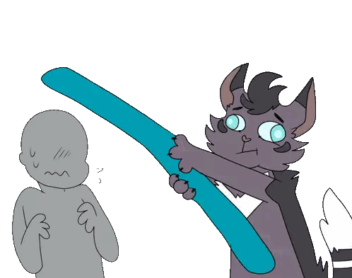 A Drawing Of A Cat Holding A Blue Stick Next To A Person Sticker
