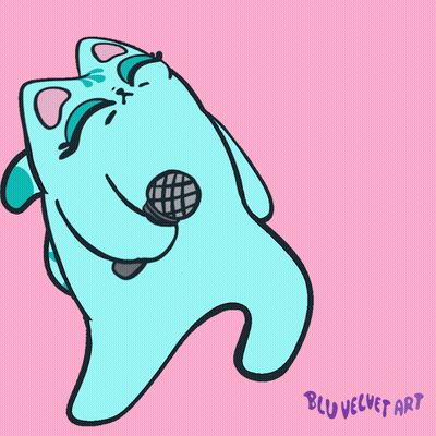 A Drawing Of A Cat Holding A Microphone With The Words Bluvelvet Art Written Below It GIF