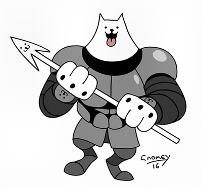 A Drawing Of A Cat In Armor Holding A Spear With The Name Gnomey Written On The Bottom GIF