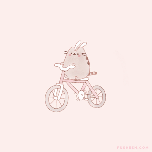 A Drawing Of A Cat Riding A Bike With The Website Pusheen.com In The Corner GIF
