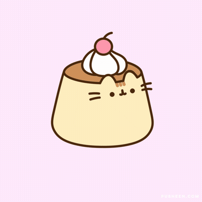 A Drawing Of A Cat Shaped Pudding With Whipped Cream And A Cherry On Top Of It GIF