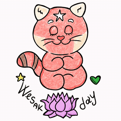 A Drawing Of A Cat Sitting On A Lotus Flower With The Words Wesak Day Below It GIF