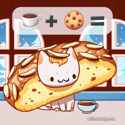 A Drawing Of A Cat Sitting On Top Of A Bread With A Cup Of Coffee And A Cookie GIF