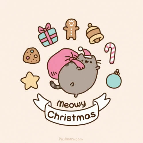 A Drawing Of A Cat Surrounded By Christmas Decorations And The Words Meowy Christmas On A Banner GIF