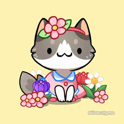 A Drawing Of A Cat Surrounded By Flowers With Ilovecatgame Written On The Bottom GIF