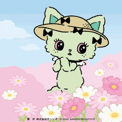 A Drawing Of A Cat Wearing A Hat Surrounded By Flowers GIF