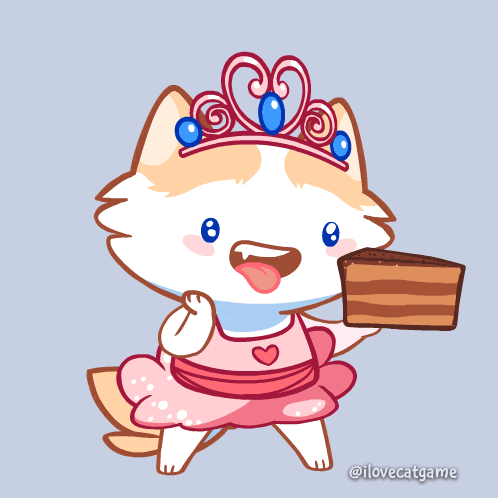 A Drawing Of A Cat Wearing A Tiara And Holding A Piece Of Cake By @Ilovecatgame GIF