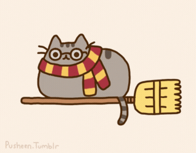 A Drawing Of A Cat Wearing Glasses And A Scarf Laying On A Broom GIF