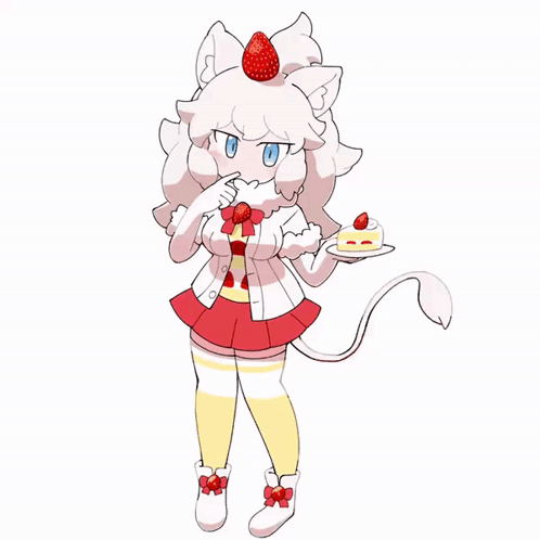 A Drawing Of A Cat With A Strawberry On Her Head Holding A Piece Of Cake GIF