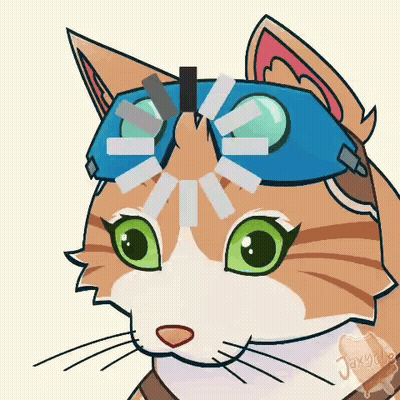 A Drawing Of A Cat With Green Eyes Wearing A Blue Goggles GIF