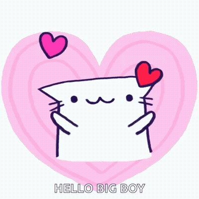 A Drawing Of A Cat With Hearts Around It And The Words Hello Big Boy Below It GIF