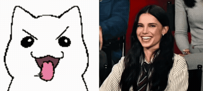 A Drawing Of A Cat With Its Tongue Out Next To A Picture Of A Smiling Woman GIF