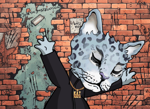 A Drawing Of A Cat With The Words Join The Destruction Written On A Brick Wall GIF