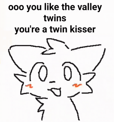 A Drawing Of A Cat With The Words " Ooo You Like The Valley Twins You 'Re A Twin Kisser " Below It GIF