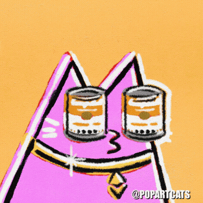 A Drawing Of A Cat With Two Cans Of Soup In Its Eyes GIF