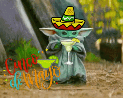 A Drawing Of A Child Wearing A Sombrero Holding A Margarita With The Words Cinco De Mayo Below It GIF