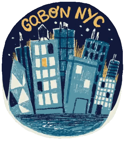 A Drawing Of A City Skyline With The Words Gobon Nyc On The Bottom Sticker