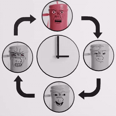 A Drawing Of A Clock With Faces On It And The Words Stanley On It GIF