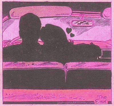 A Drawing Of A Couple Kissing In A Car With The Words " The End " On The Bottom Right GIF