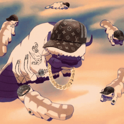 A Drawing Of A Cow Wearing A Louis Vuitton Hat And Chain Around Its Neck GIF