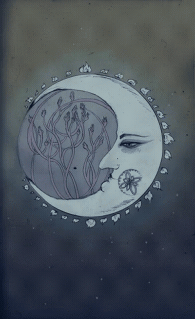 A Drawing Of A Crescent Moon With A Woman 'S Face Inside Of It GIF