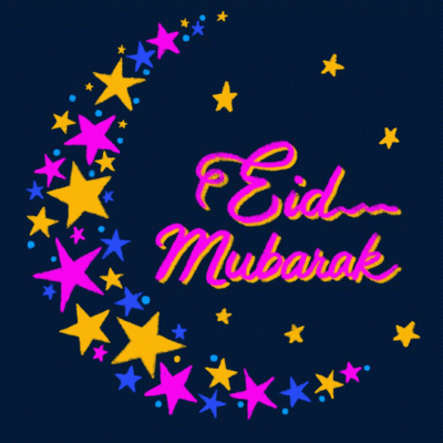 A Drawing Of A Crescent Moon With The Words ' Eid Mubarak ' On It GIF