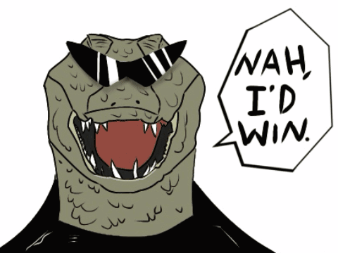 A Drawing Of A Crocodile Wearing Sunglasses With A Speech Bubble Saying Nah I 'D Win GIF