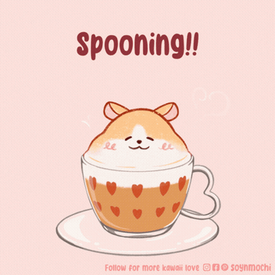 A Drawing Of A Cup Of Coffee With A Hamster On Top And The Words Spooning Below It GIF