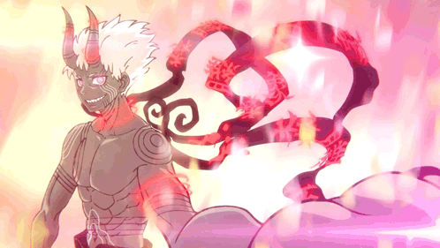 A Drawing Of A Demon With Horns And A Swirl On His Back GIF