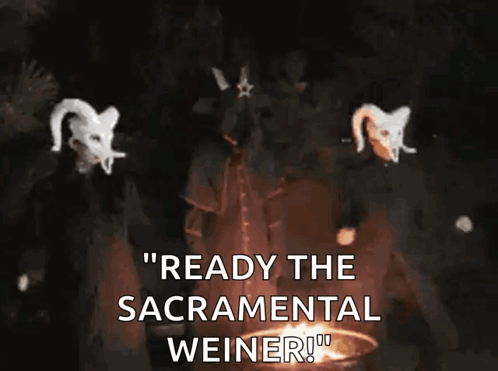 A Drawing Of A Devil With The Words Ready The Sacramental Weiner GIF