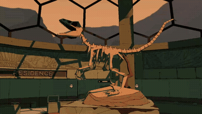 A Drawing Of A Dinosaur Skeleton In Front Of A Sign That Says Evidence GIF