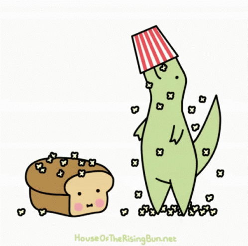 A Drawing Of A Dinosaur Standing Next To A Slice Of Bread GIF
