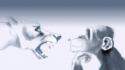A Drawing Of A Dog And A Monkey With A Blue Background GIF