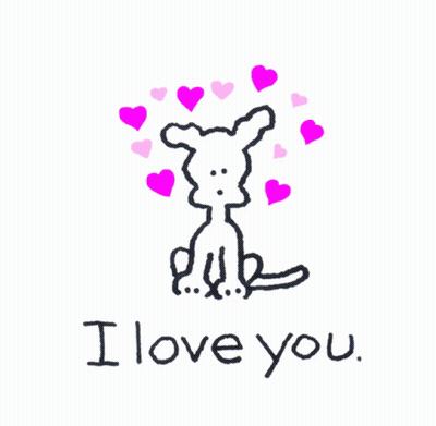 A Drawing Of A Dog With Pink Hearts And The Words " I Love You " GIF