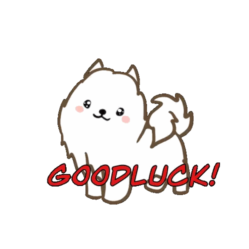 A Drawing Of A Dog With The Words Good Luck Written In Red Sticker