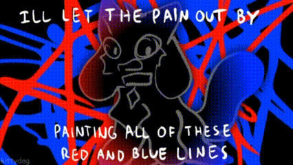A Drawing Of A Dog With The Words " Ill Let The Pain Out By Painting All Of These Red And Blue Lines " On It GIF