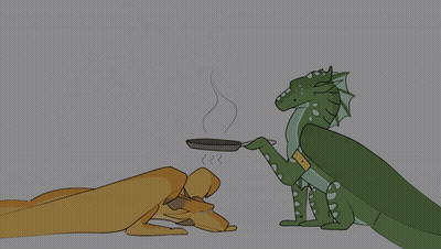A Drawing Of A Dragon Holding A Pan Next To Another Dragon GIF
