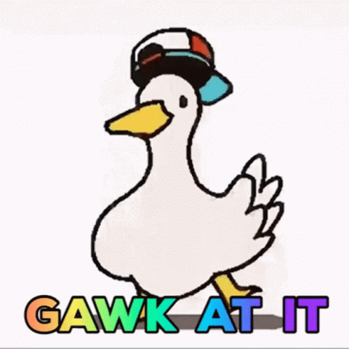 A Drawing Of A Duck Wearing A Hat And The Words Gawk At It Below It GIF