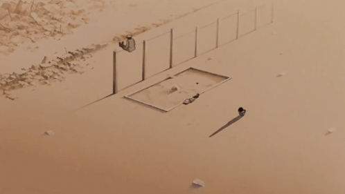 A Drawing Of A Fence In The Desert With A Shadow Of A Person GIF