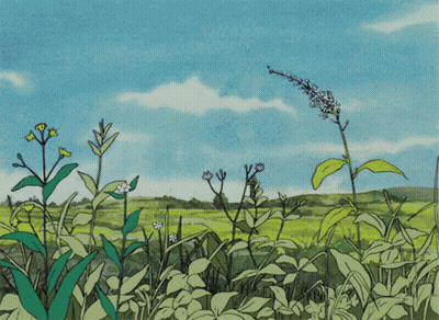 A Drawing Of A Field Of Flowers With A Blue Sky GIF