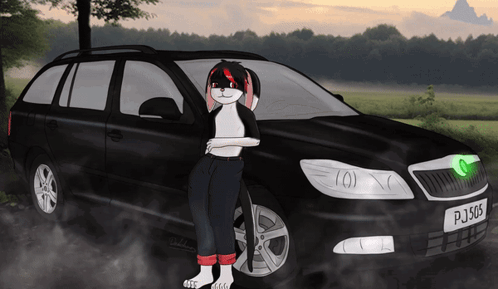 A Drawing Of A Furry Character Leaning Against A Black Car With A License Plate That Says Pj916 GIF