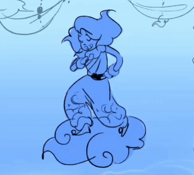 A Drawing Of A Genie Standing On A Cloud With A Blue Background GIF