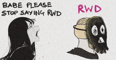 A Drawing Of A Girl Crying Next To A Man Wearing Glasses And A Mask That Says Rwd GIF
