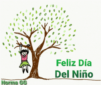A Drawing Of A Girl Hanging From A Tree With The Words Feliz Dia Del Niño Below Her GIF