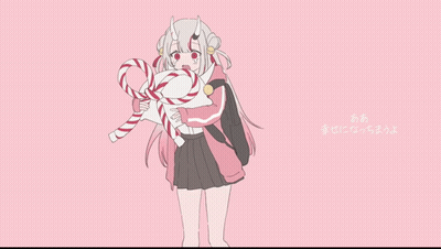 A Drawing Of A Girl Holding A Candy Cane With Chinese Writing GIF