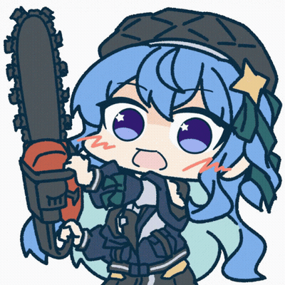 A Drawing Of A Girl Holding A Chainsaw With The Letter M On It GIF